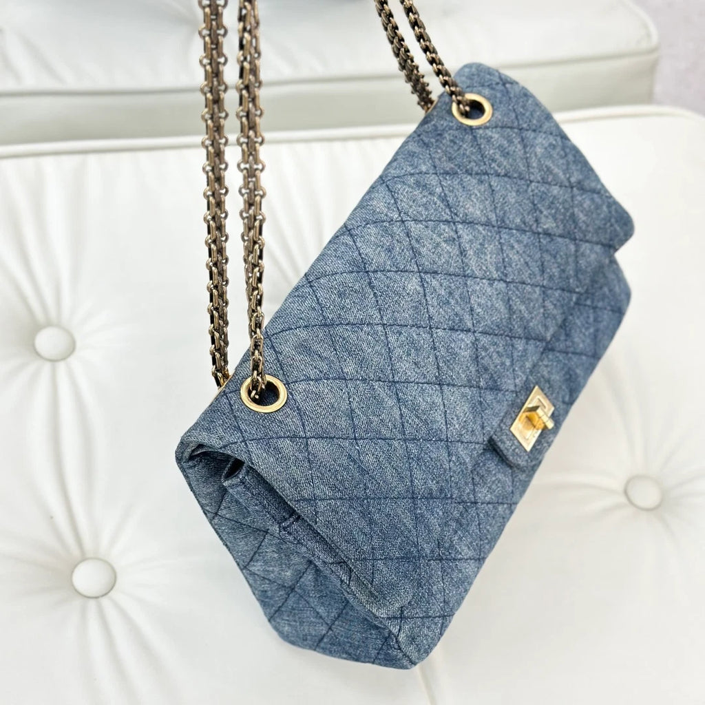 Chanel Denim Diamond Chain Shoulder Crossbody Bag Blue Gold Women S