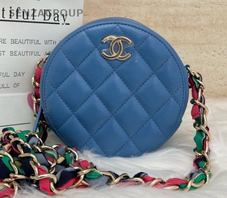 Chanel Diamond Chain Shoulder Bag Crossbody Navy Gold Women Classic Designer
