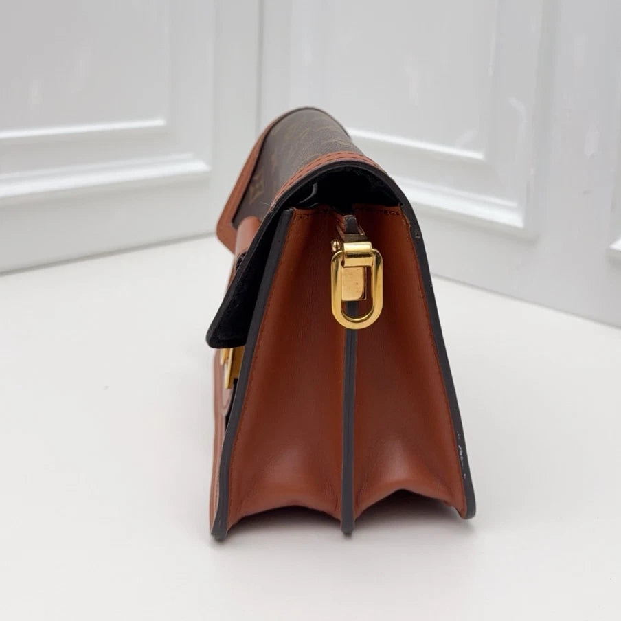 Louis Vuitton Dauphine PM Shoulder Bag Crossbody Brown Gold Excellent