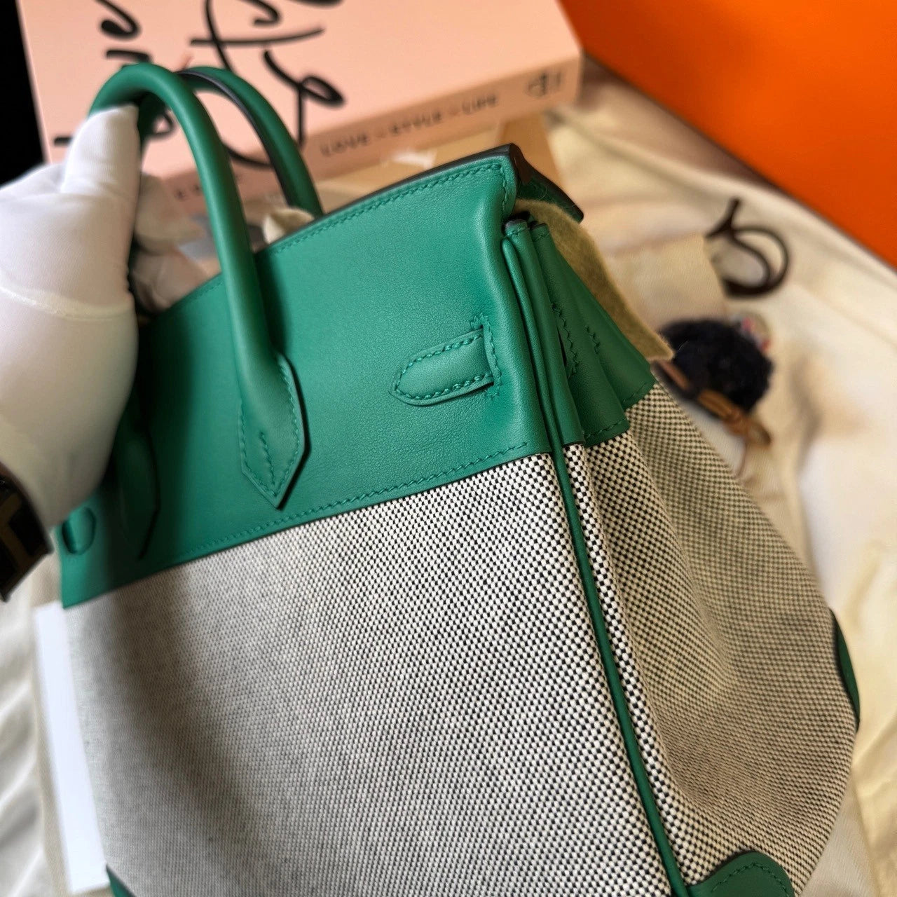 Hermes Birkin25 Canvas Green Silver Handbag For Women