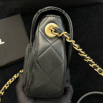 Chanel CC Logo Saddle Bag Black Gold Chain Shoulder Crossbody Bag