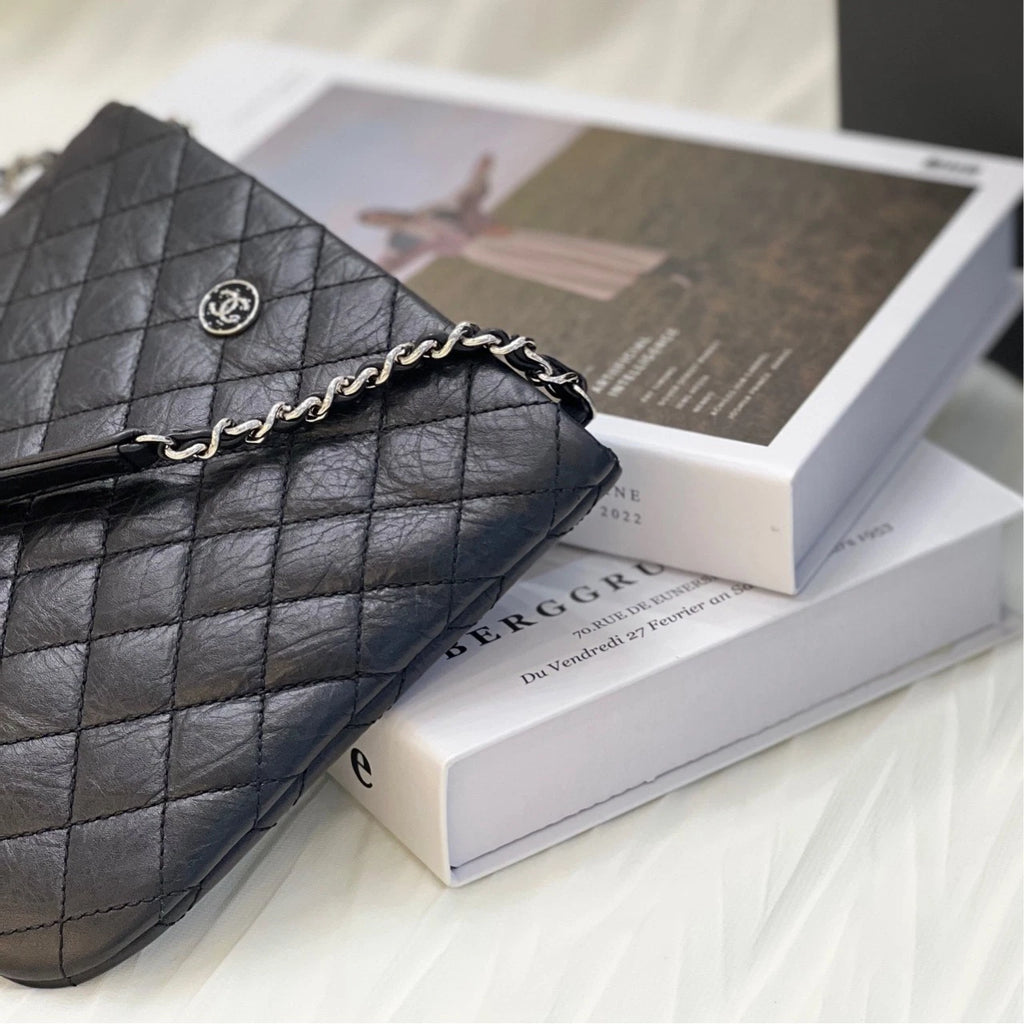 CHANEL Black Silver Leather Messenger Bag For Women