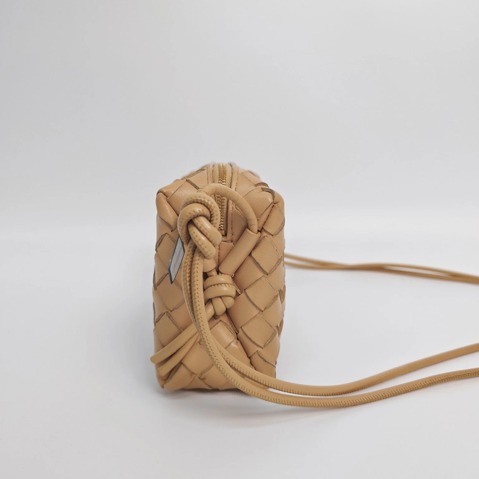 Bottega Veneta BV Beige Lambskin Woven Camera Crossbody Bag Women