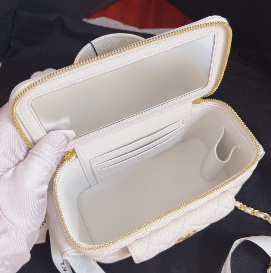 Chanel Cargo Calfskin Vanity Case Top Handle Chain Crossbody White Gold Women