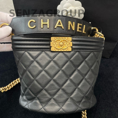 Chanel Le Boy Chevron Quilted Bucket Bag Black Gold Chain Crossbody