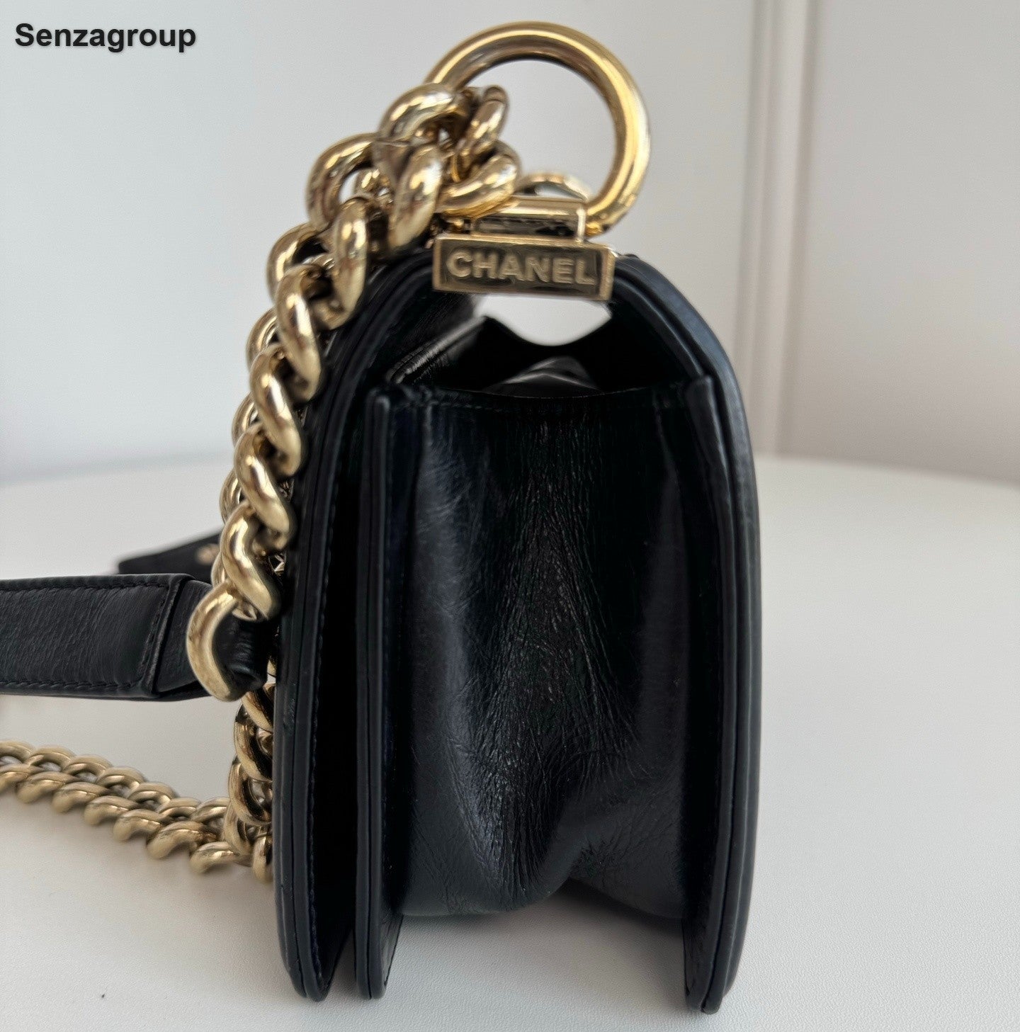 Chanel Leboy PM Calfskin Chain Shoulder Bag Black Gold Women Classic Fashion