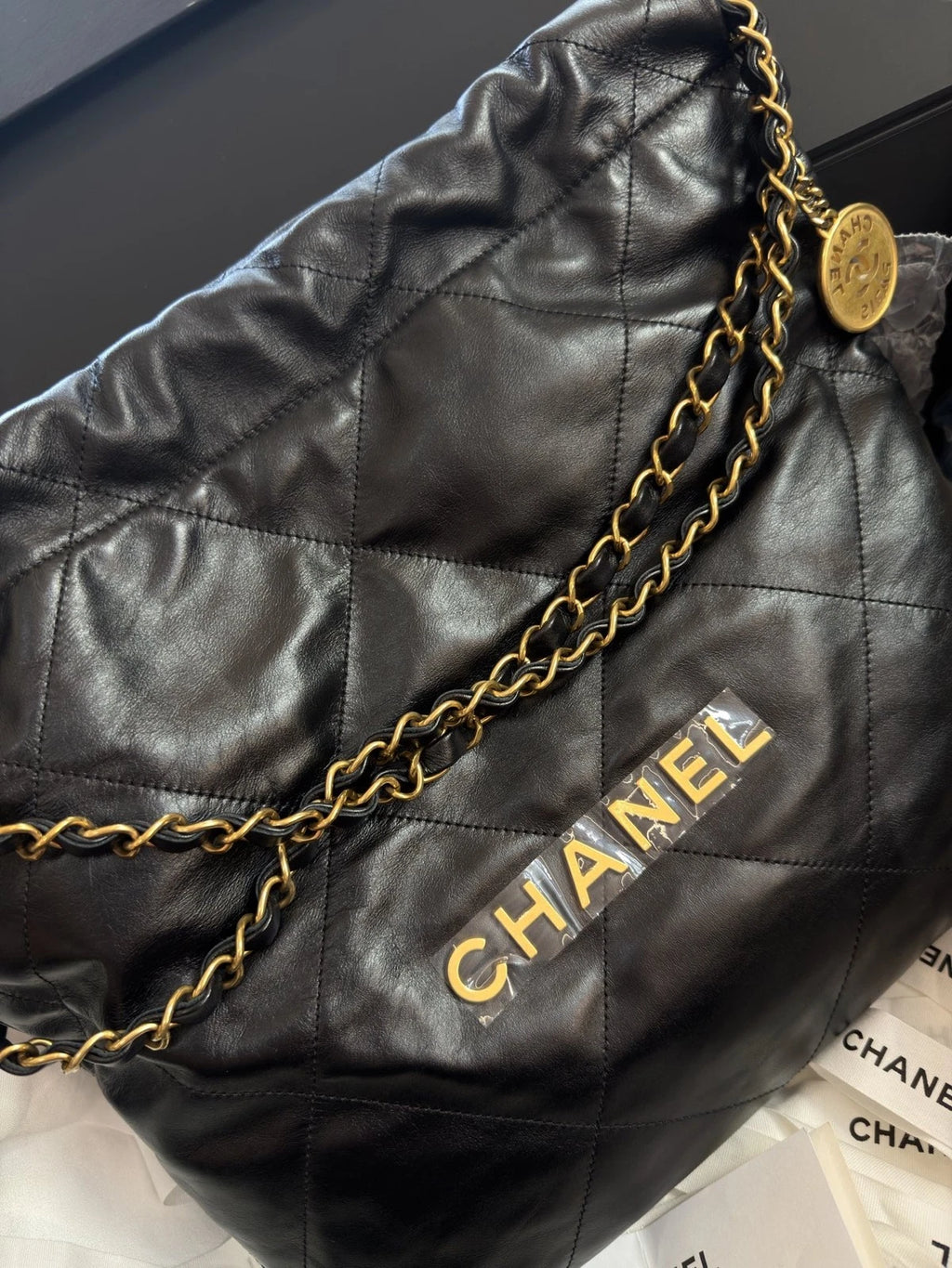 Excellent Chanel 22Bag PM Calfskin Gold Chain Black Shoulder Bag Crossbody