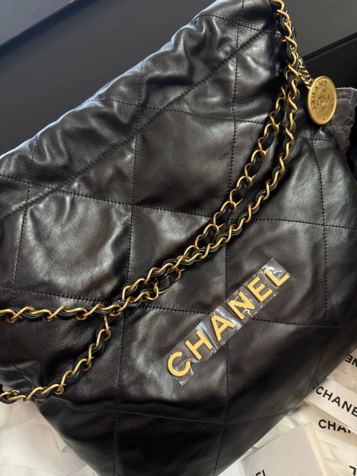 Excellent Chanel 22Bag PM Calfskin Gold Chain Black Shoulder Bag Crossbody