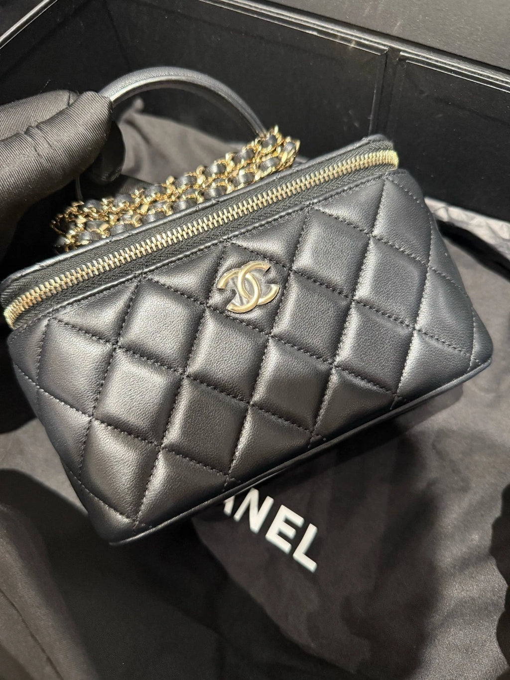 CHANEL 24 Chip Black Gold Lambskin Top Handle Box Bag For Women