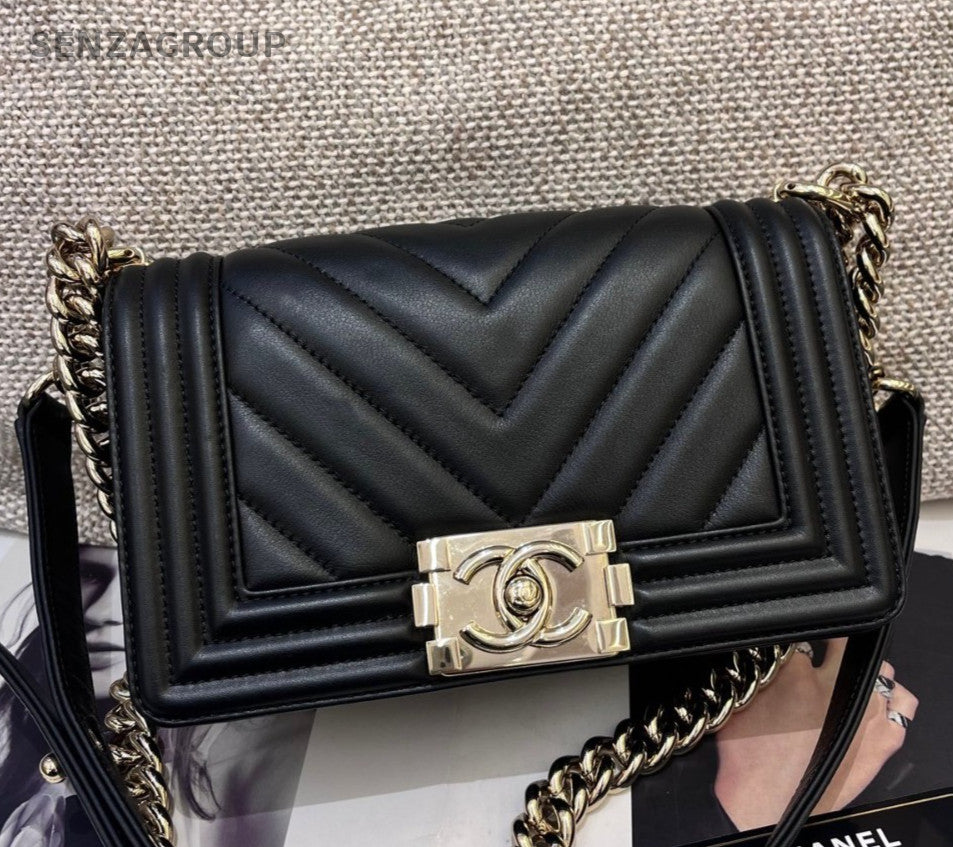 Chanel Leboy PM Chain Shoulder Bag Crossbody Black Gold Women Classic Fashion