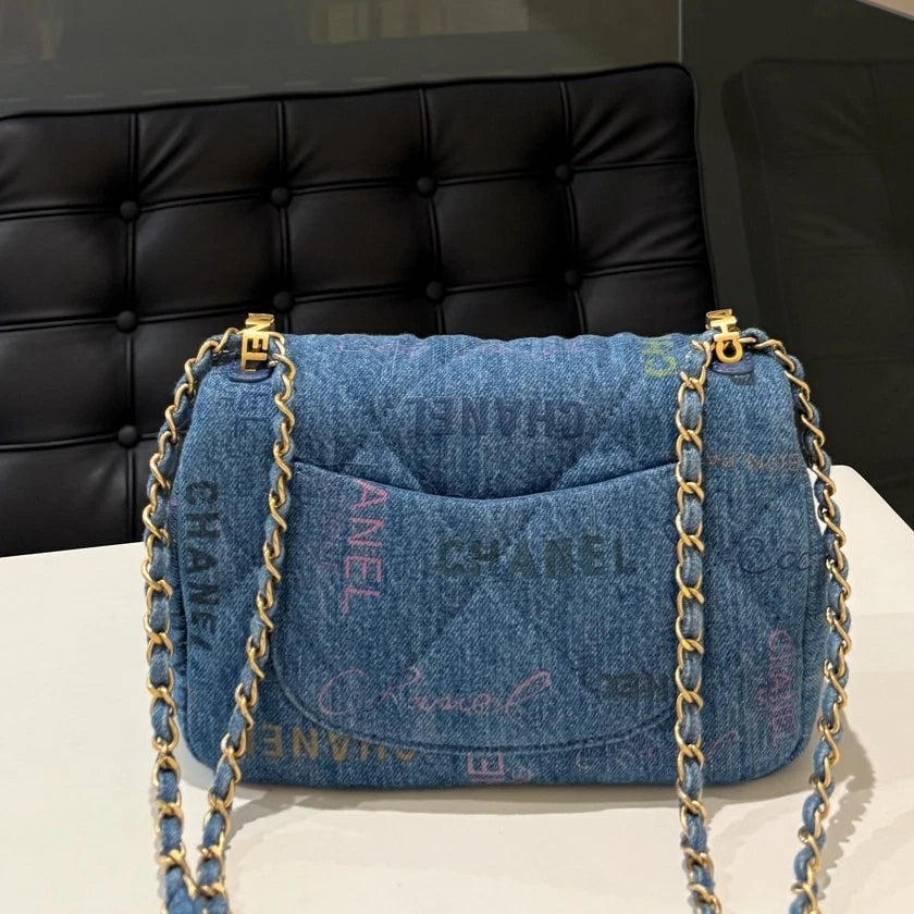 Chanel Classic Flap Small Blue Denim Chain Shoulder Crossbody Bag