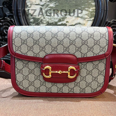 Gucci 1955 Horsebit Medium Shoulder Bag Red Beige Classic Women