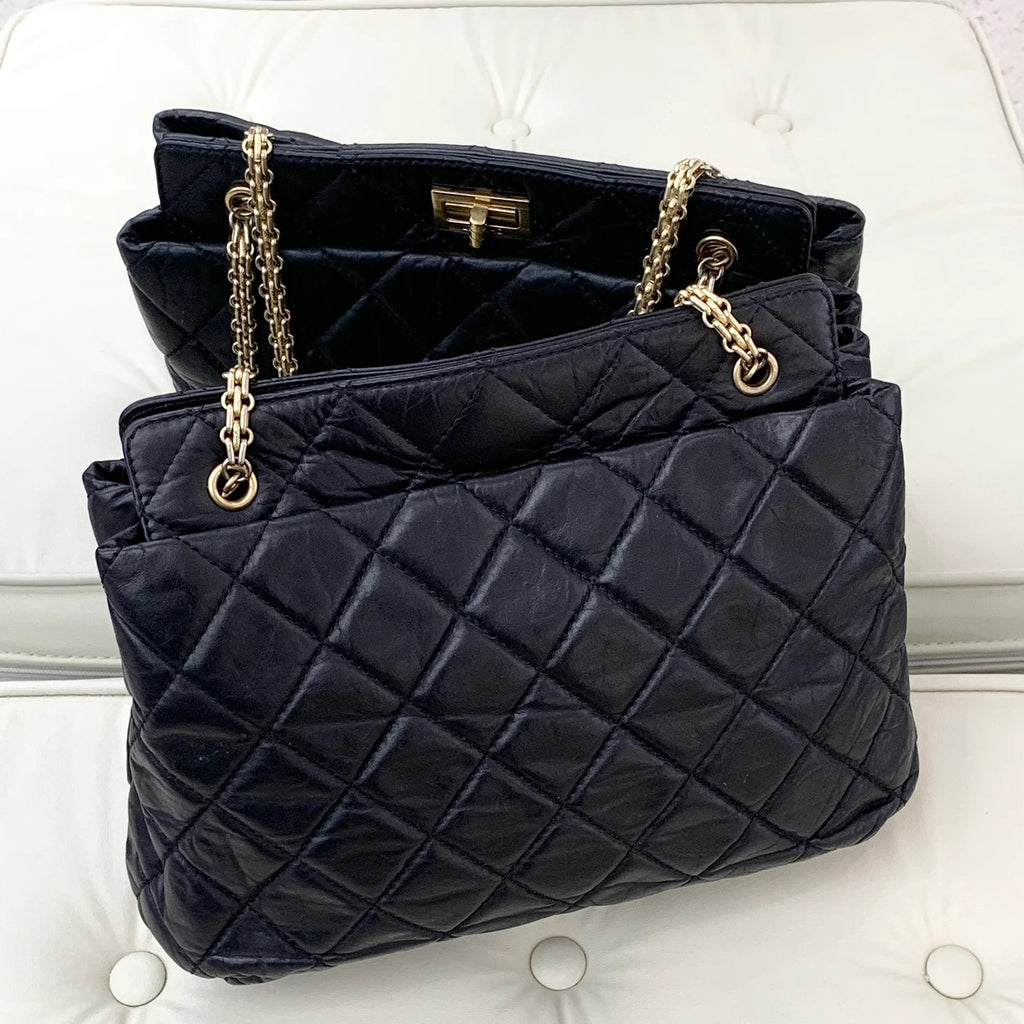Authentic Chanel Calfskin Tote Chain Shoulder Bag Black Gold Hardware