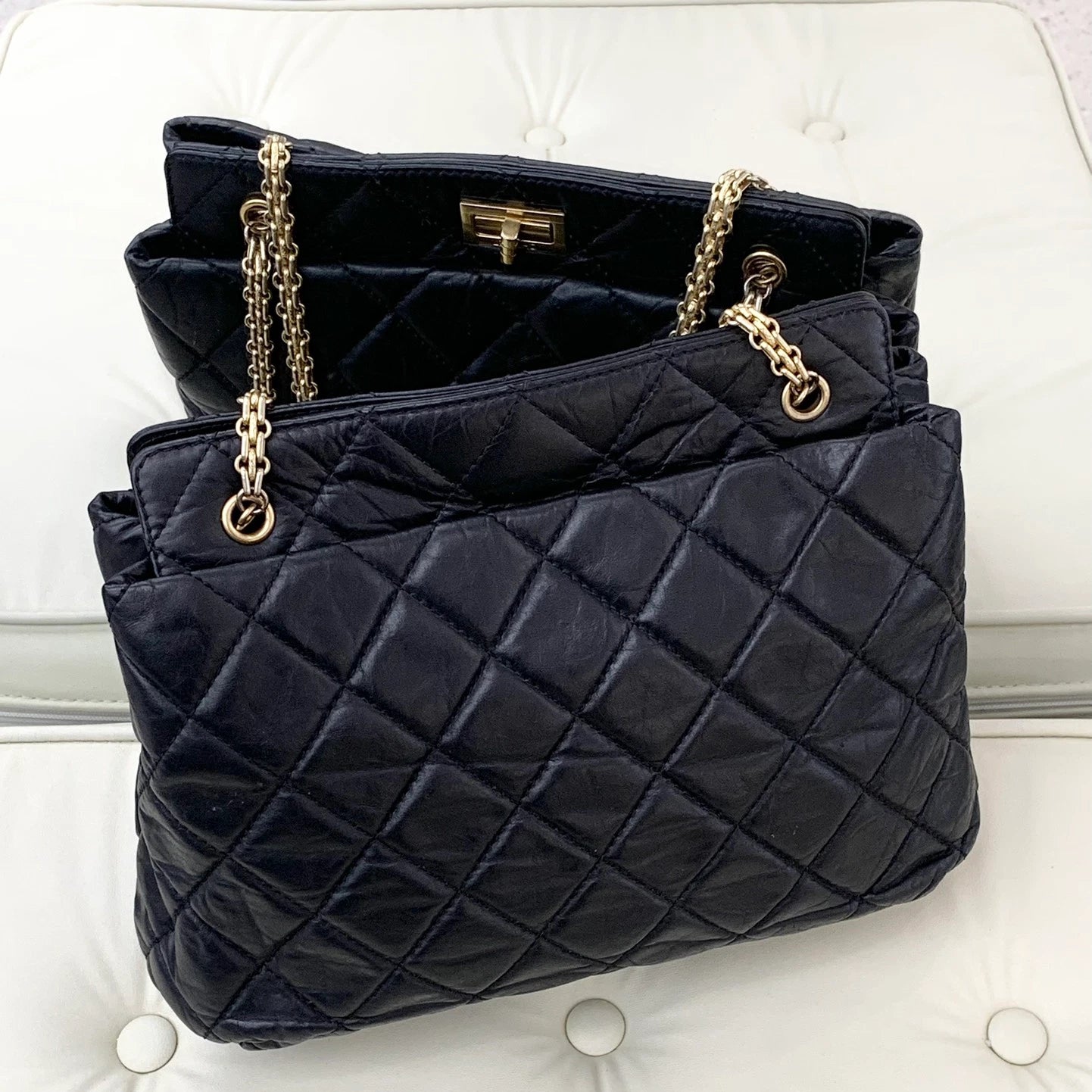 Authentic Chanel Calfskin Tote Chain Shoulder Bag Black Gold Hardware