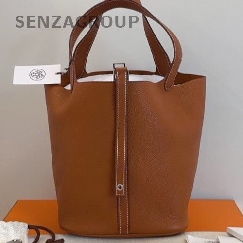 Hermes Picotin Lock Calfskin Silver Hardware Tote Bag Brown Used Women Classic