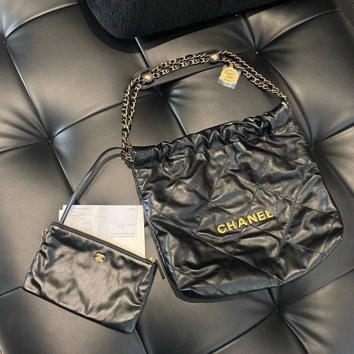 Chanel 22Bag PM Calfskin Chain Shoulder Bag Black Gold Hardware Women D