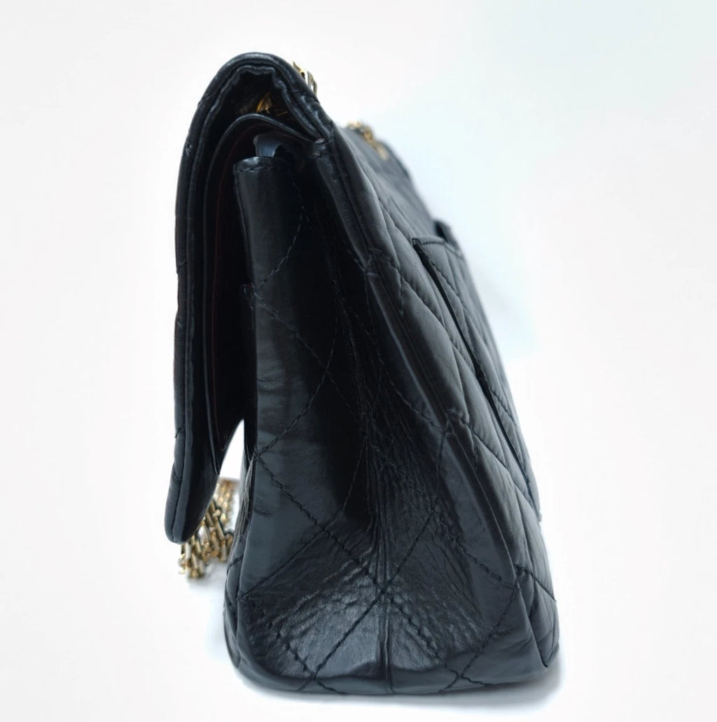 Chanel 2.55 GM Calfskin Chain Shoulder Bag Crossbody Deep Blue Gold Women