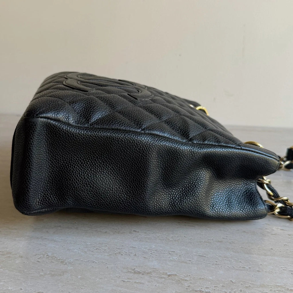 Chanel PST Calfskin Leather Black Tote Chain Shoulder Bag Diamond Gold Hardware