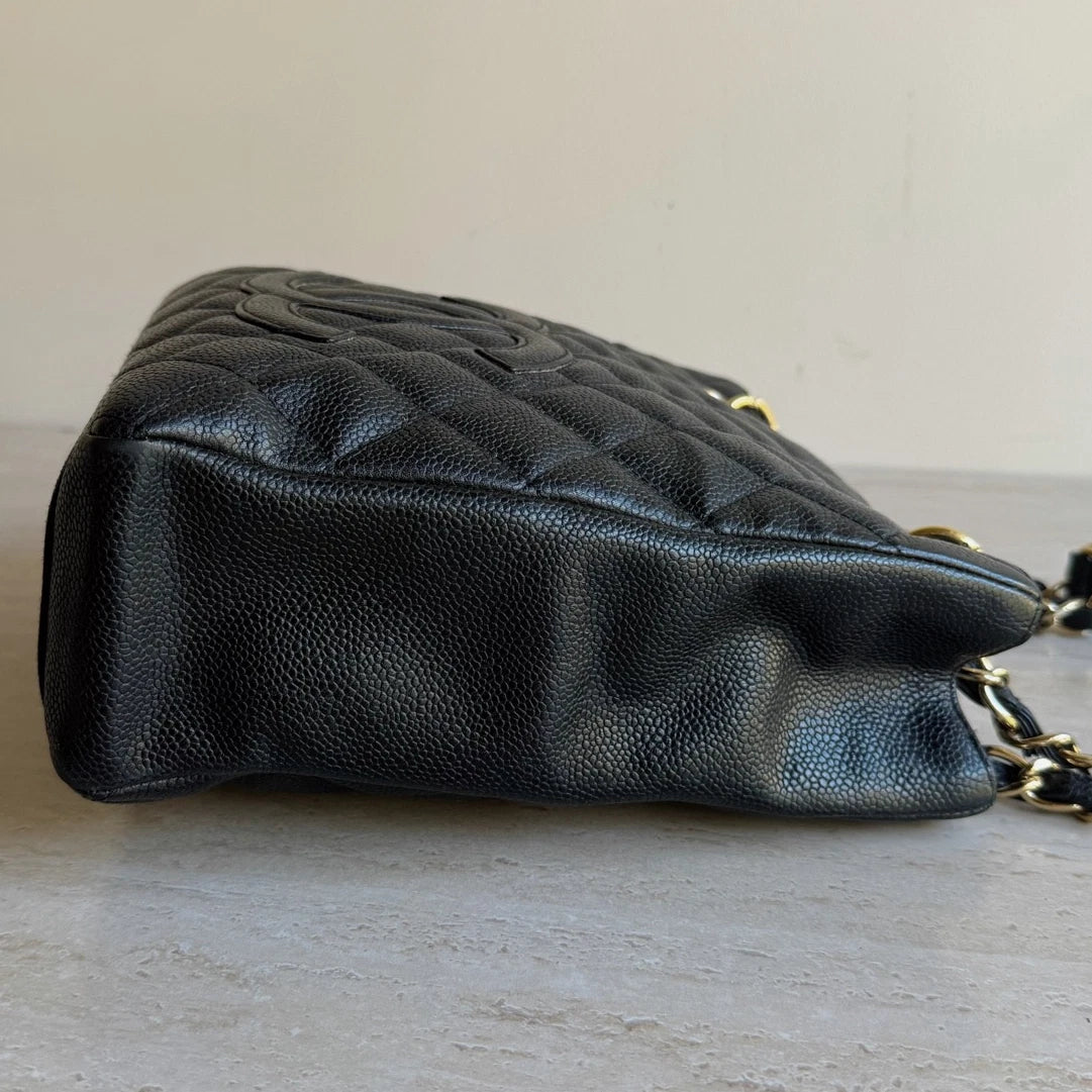 Chanel PST Calfskin Leather Black Tote Chain Shoulder Bag Diamond Gold Hardware
