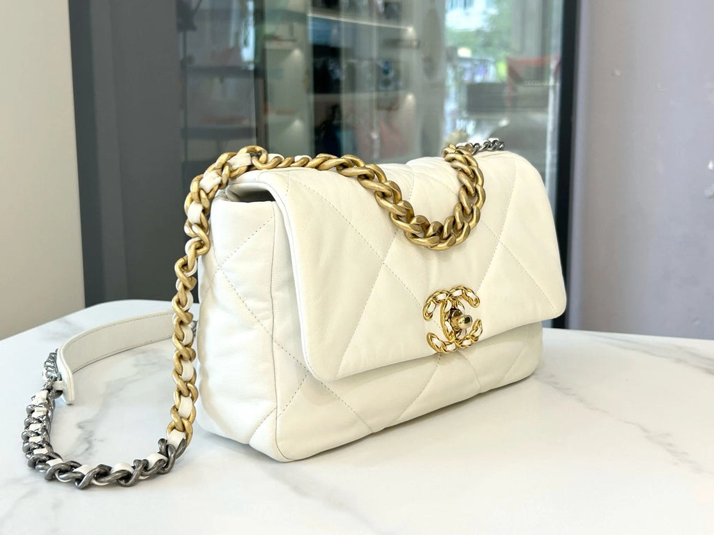 CHANEL 19Bag Small White Gold Lambskin Chain Shoulder Bag For Women