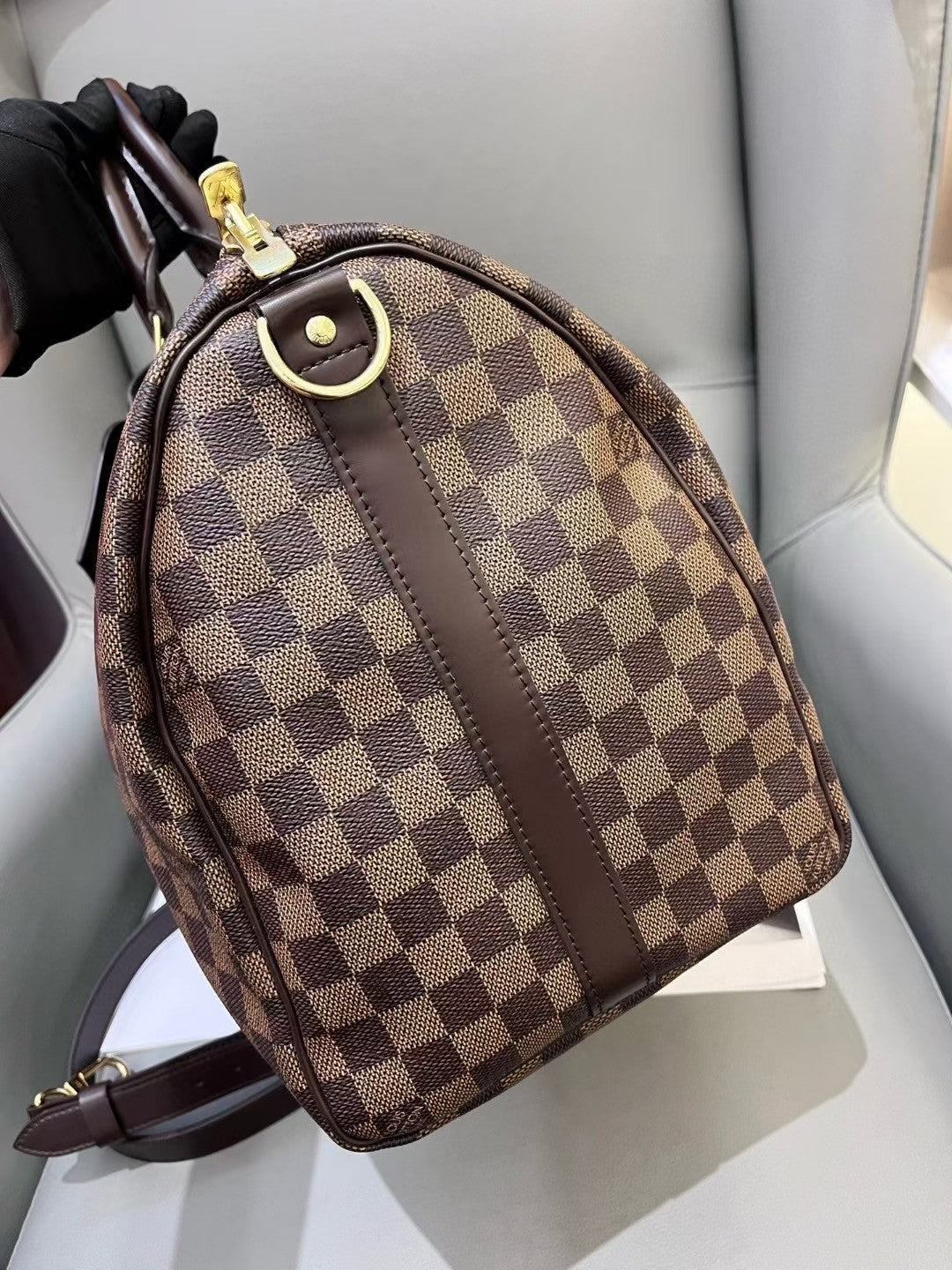 Louis Vuitton Keepall45 Damier Ebene Top Handle Shoulder Bag Brown Gold Unisex