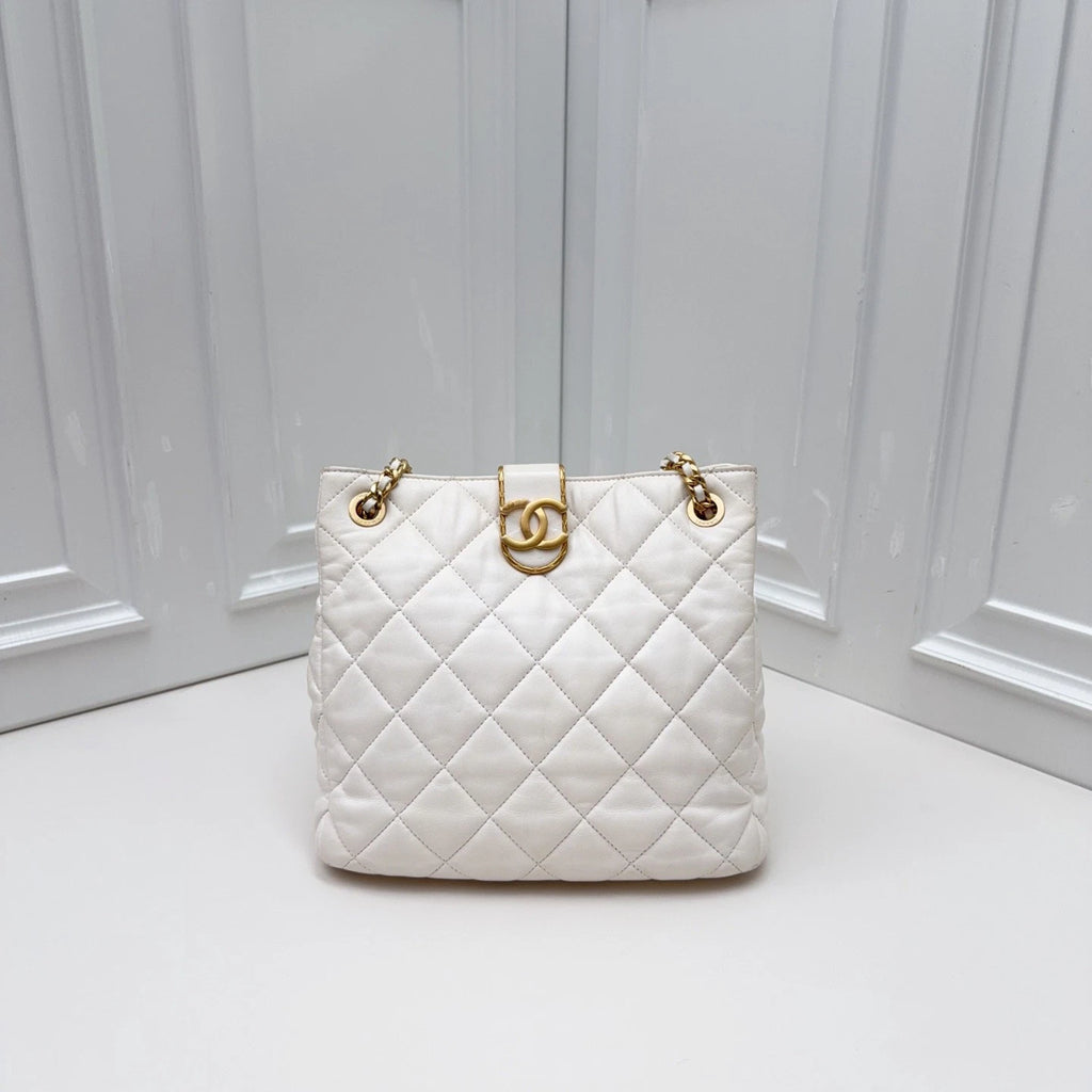 Chanel Quilted Lambskin Small Bucket Bag Shoulder Bag White with Enamel CC Logo