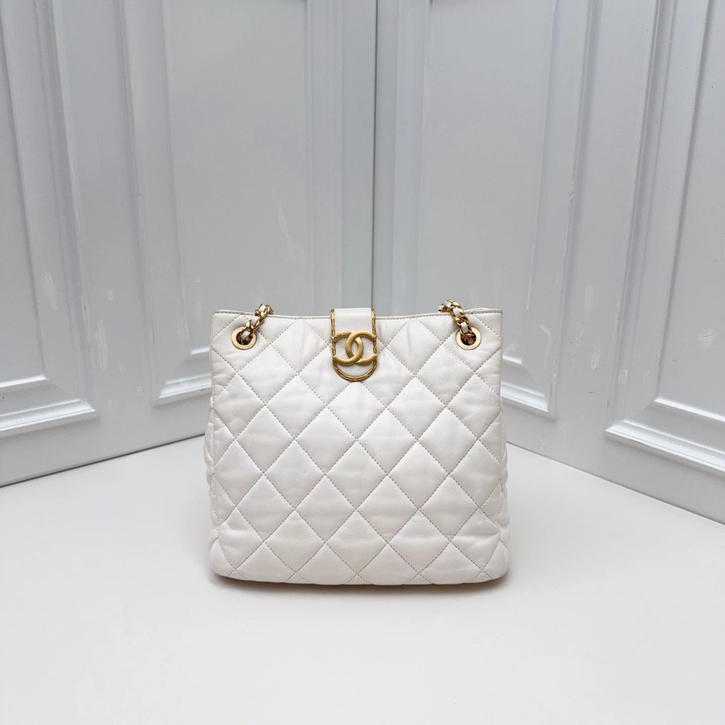 Chanel Quilted Lambskin Small Bucket Bag Shoulder Bag White with Enamel CC Logo