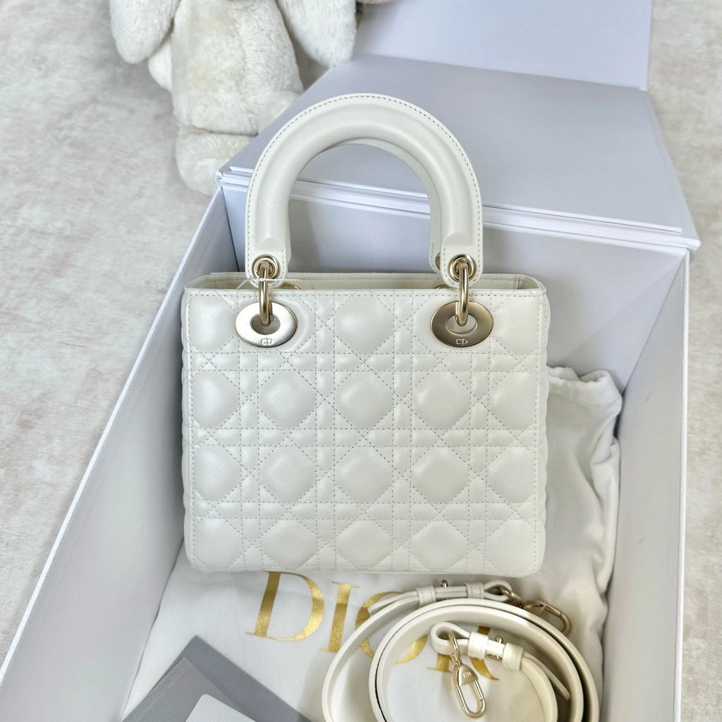 Dior White Leather 4-Grid Lady Dior Top Handle Bag For Women