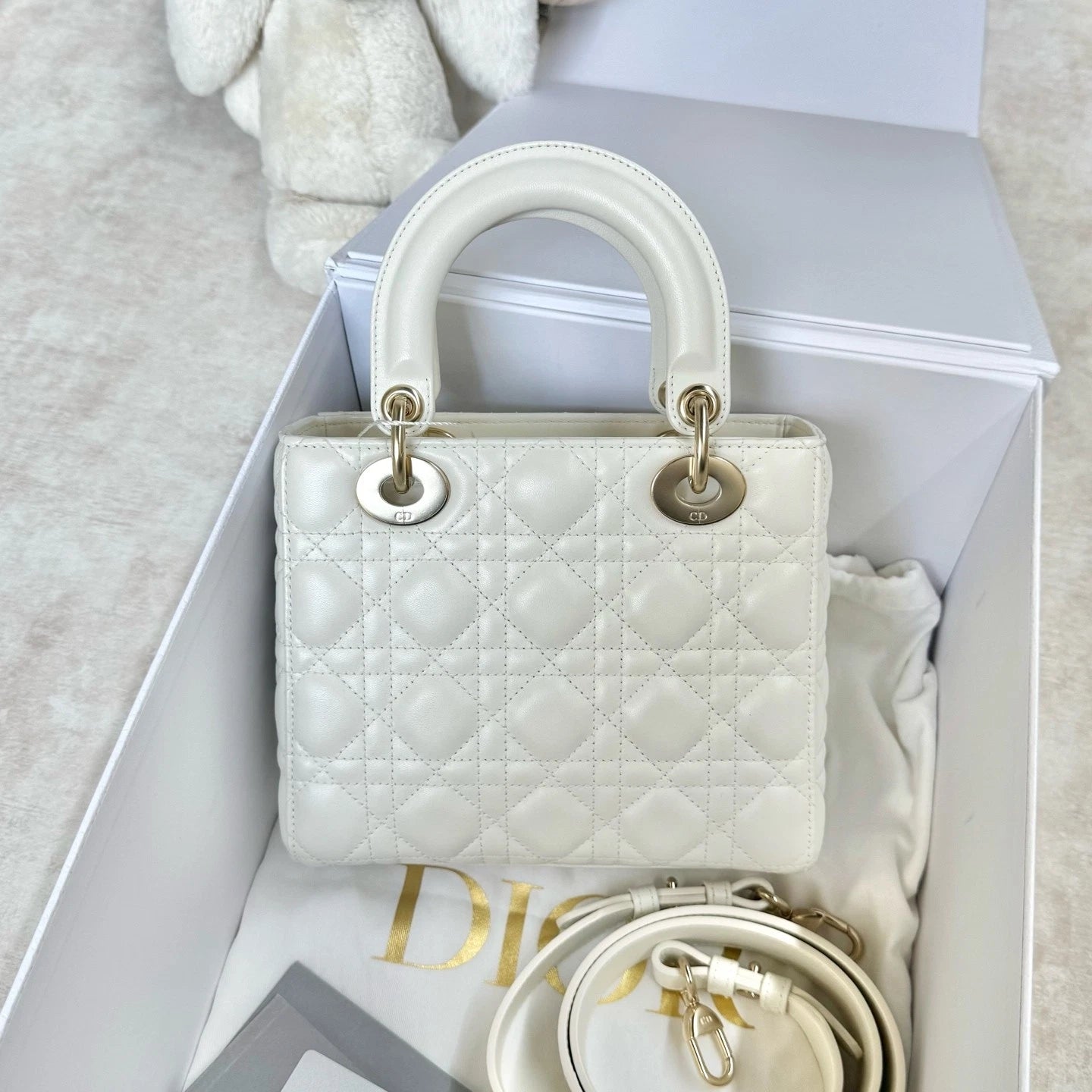 Dior White Leather 4-Grid Lady Dior Top Handle Bag For Women