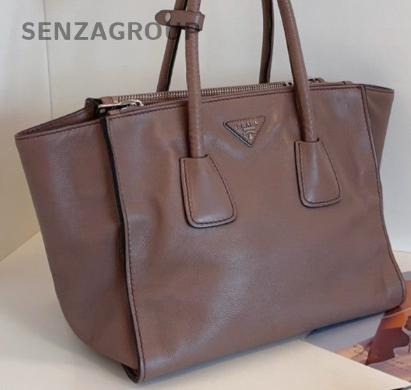 Prada Batwing Bag 2Way Top Handle Bag Crossbody Brown Silver Women Classic
