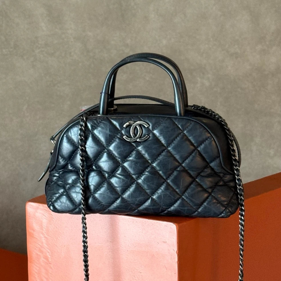 Authentic Chanel Bowling MINI Oil Wax Top Handle Shoulder Bag Black SHD