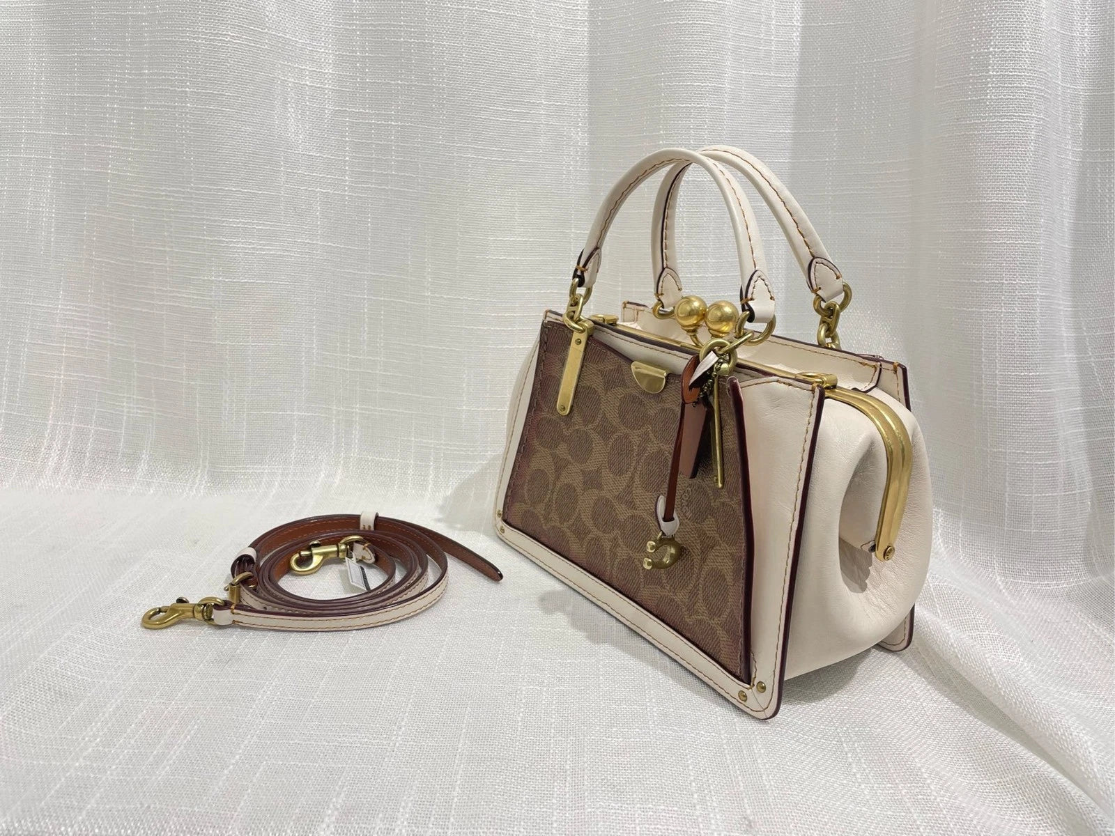 Coach Brown Beige Logo Print Top Handle Crossbody For Women