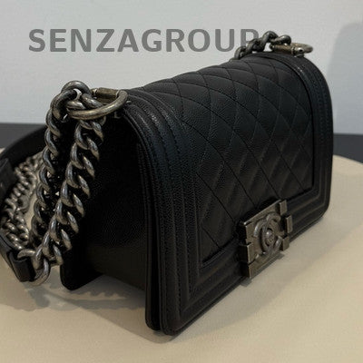 Chanel Lambskin Small Black Silver Boy Bag Classic Chain Shoulder Crossbody