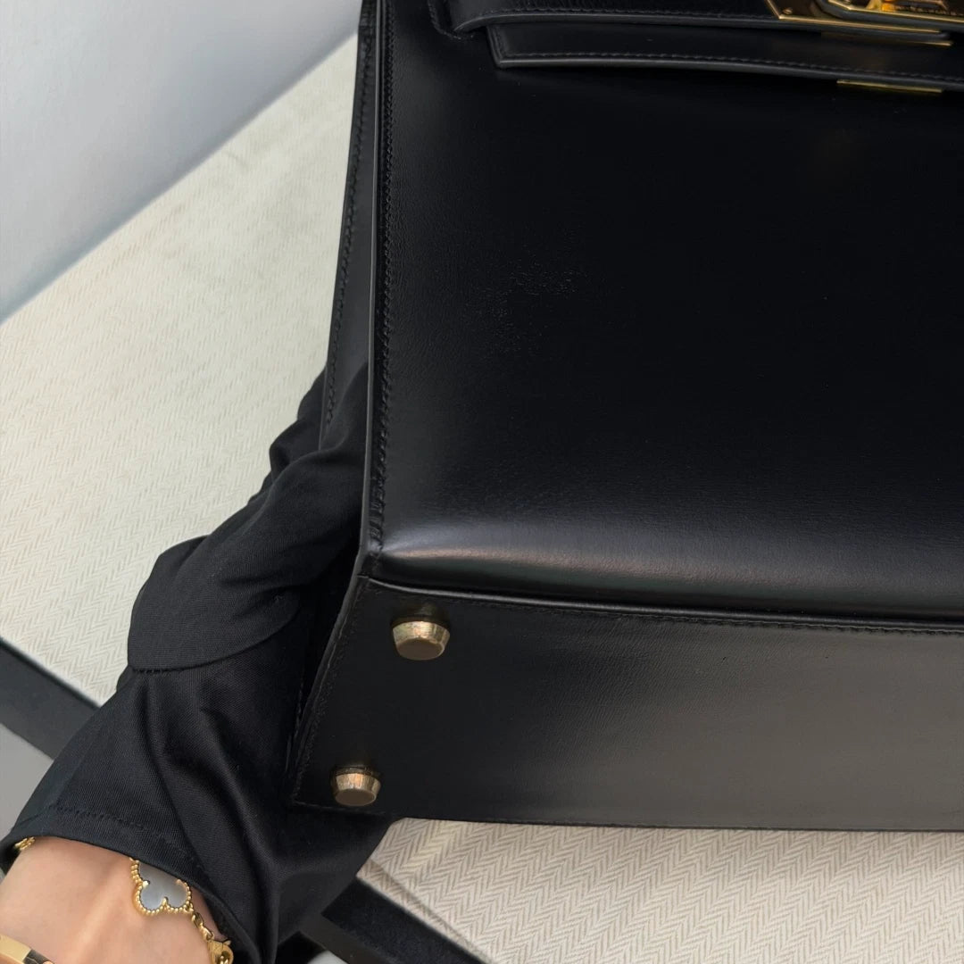 Authentic Hermes Kelly28 Box Tote Black Handbag Gold Hardware