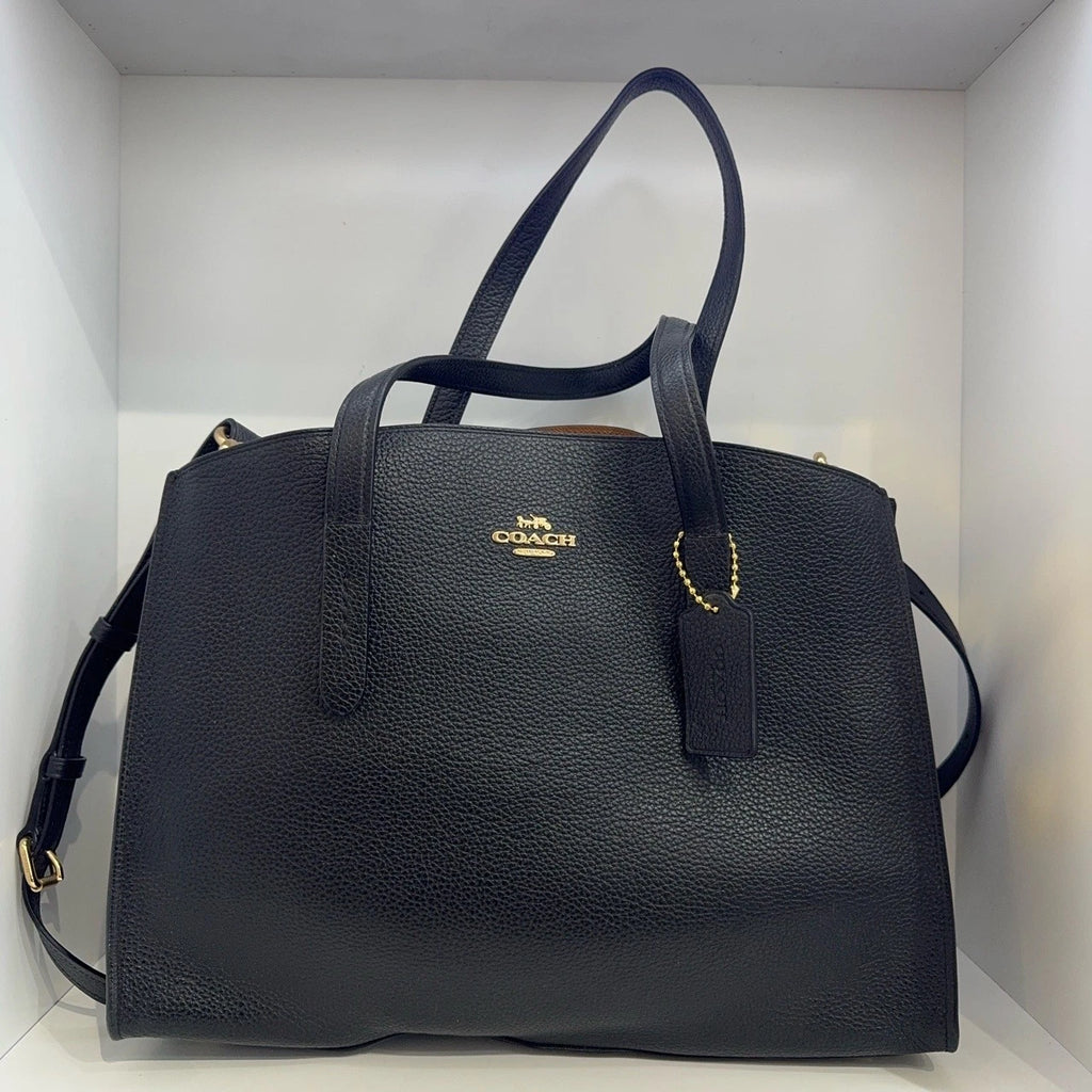 COACH Charlie 35 Black Leather Tote Shoulder Handbag For Women