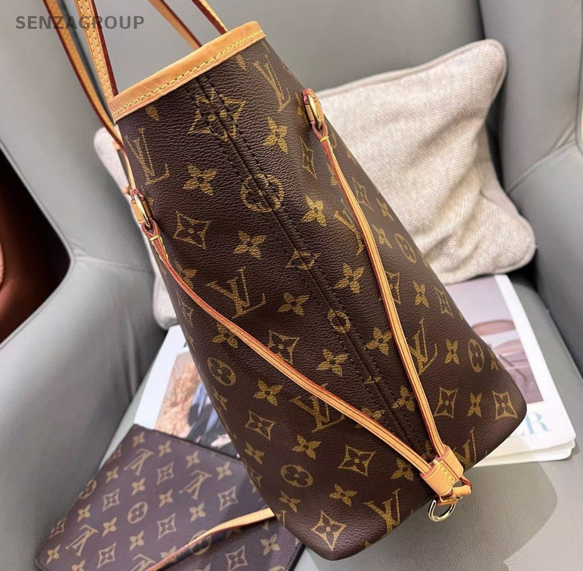 Louis Vuitton Neverfull MM Monogram Tote Shoulder Bag Brown Gold Women Classic