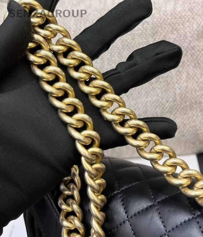Chanel Leboy GM Lambskin Chain Shoulder Bag Crossbody Black Gold Women Classic