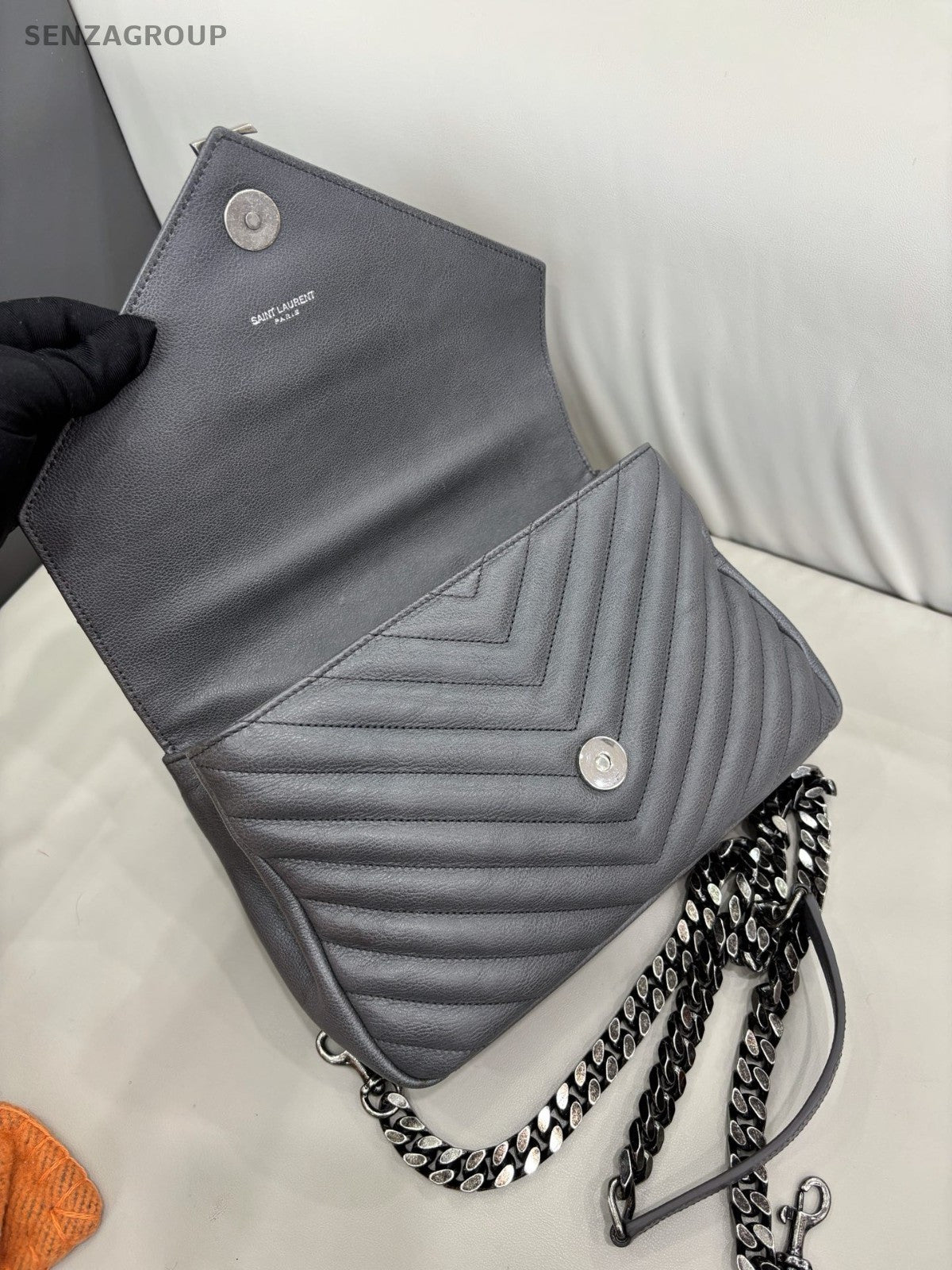 YSL Saint Laurent College PM Top Handle 2way Chain Shoulder Handbag Grey Women
