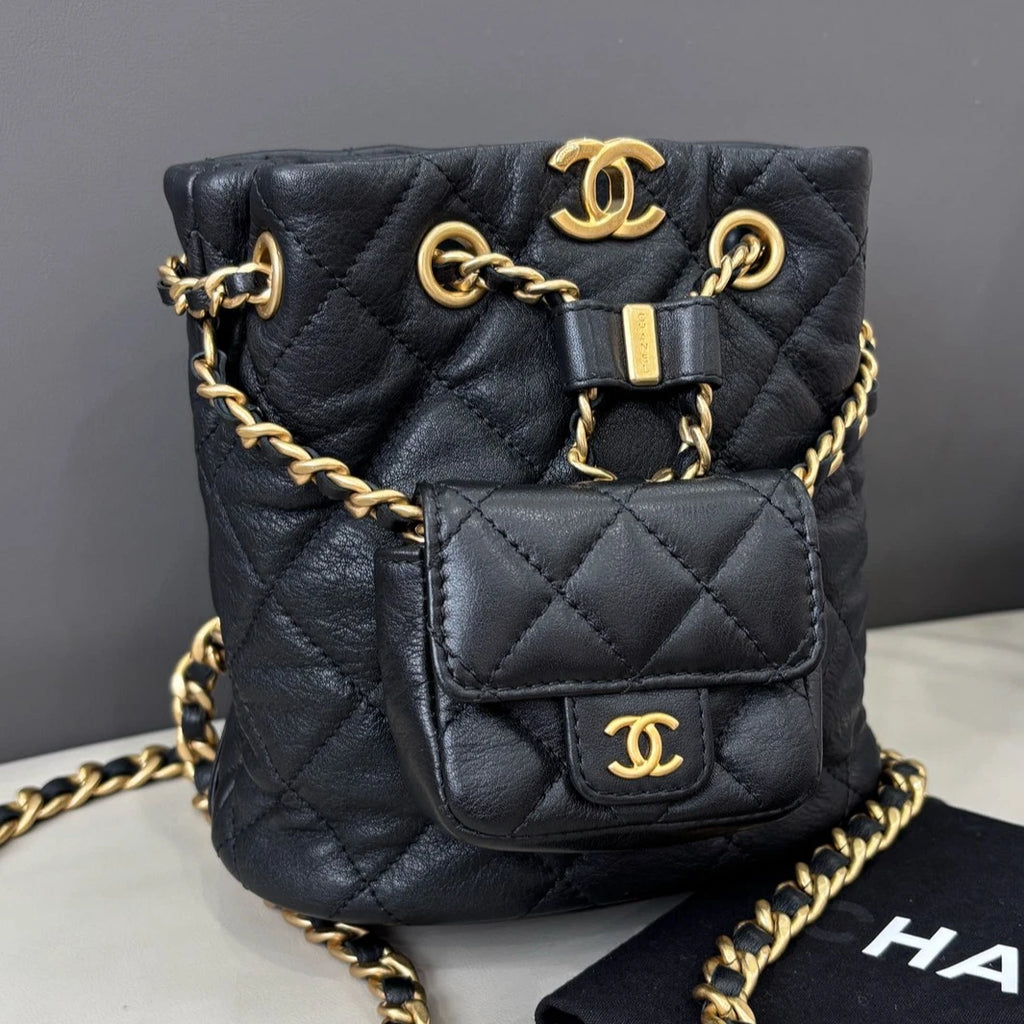 Chanel Diamond Calfskin Chain Backpack Black Gold Women Classic