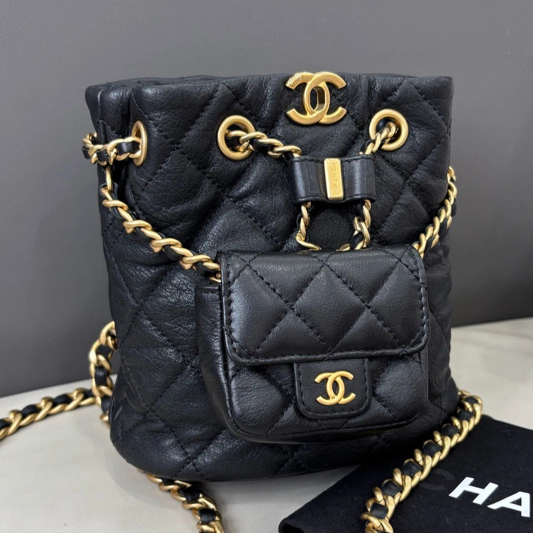 Chanel Diamond Calfskin Chain Backpack Black Gold Women Classic