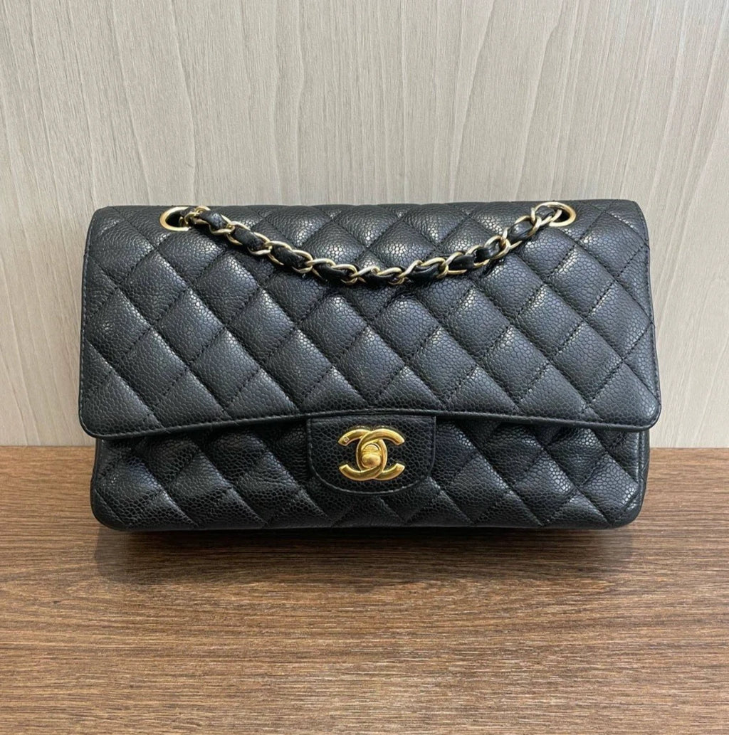 Chanel Classic Flap MM Chain Shoulder Bag Turn Lock Black Women Fashion