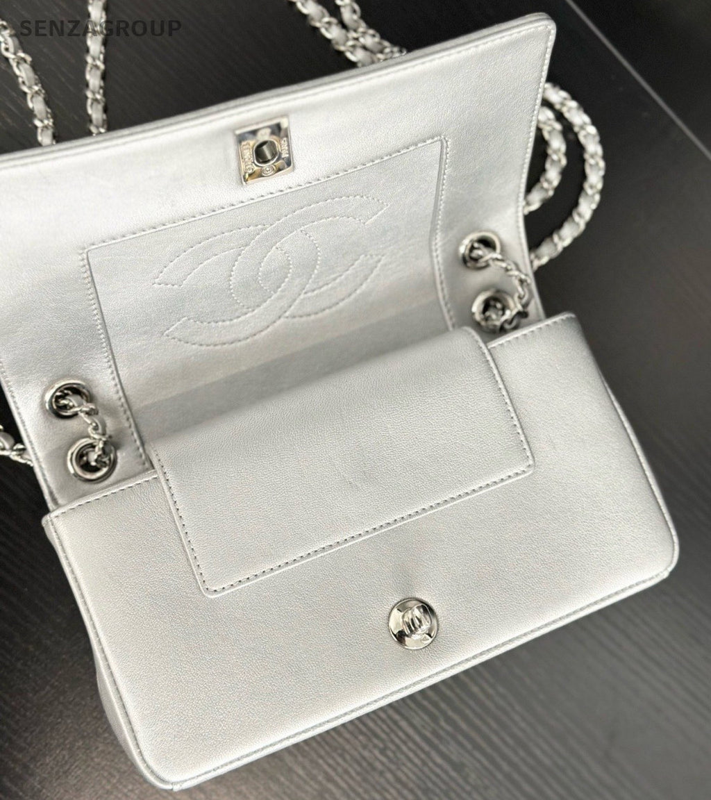 Chanel Classic Flap Calfskin Chain Shoulder Bag Crossbody Silver Women Fashion