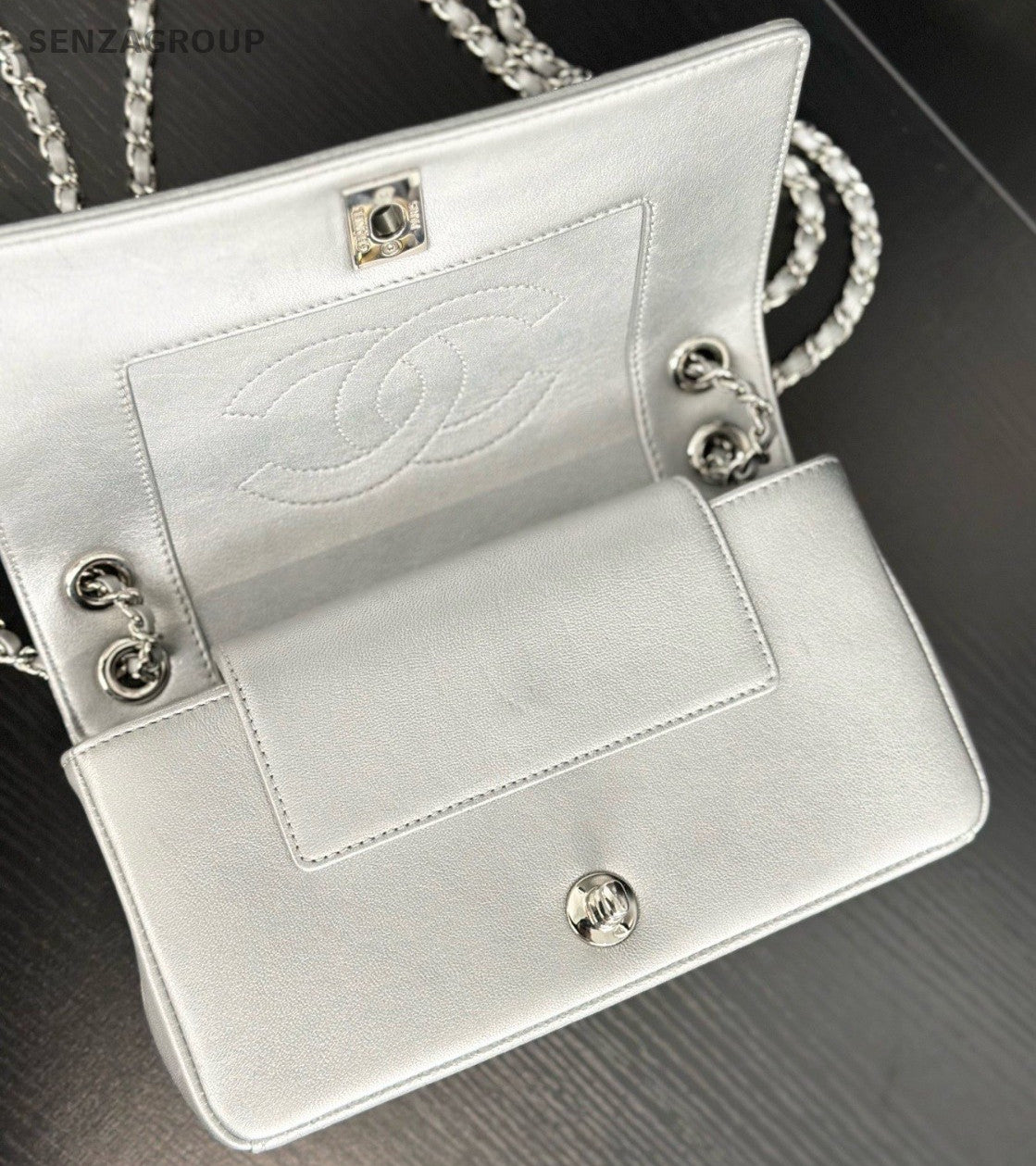 Chanel Classic Flap Calfskin Chain Shoulder Bag Crossbody Silver Women Fashion