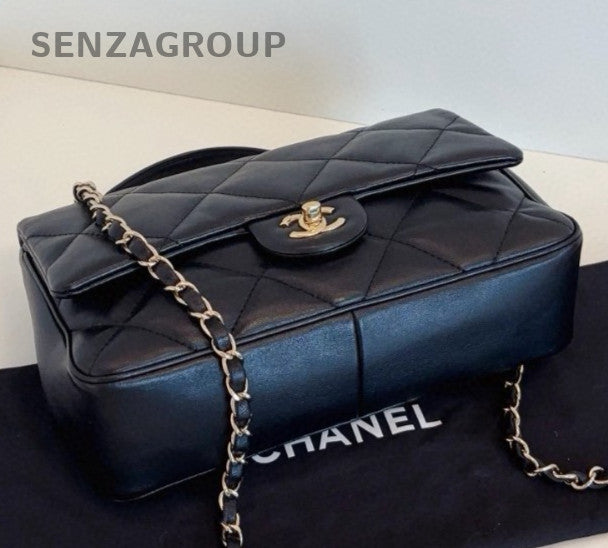 Chanel Classic Flap Chain Crossbody Top Handle Bag Black Gold Women Classic