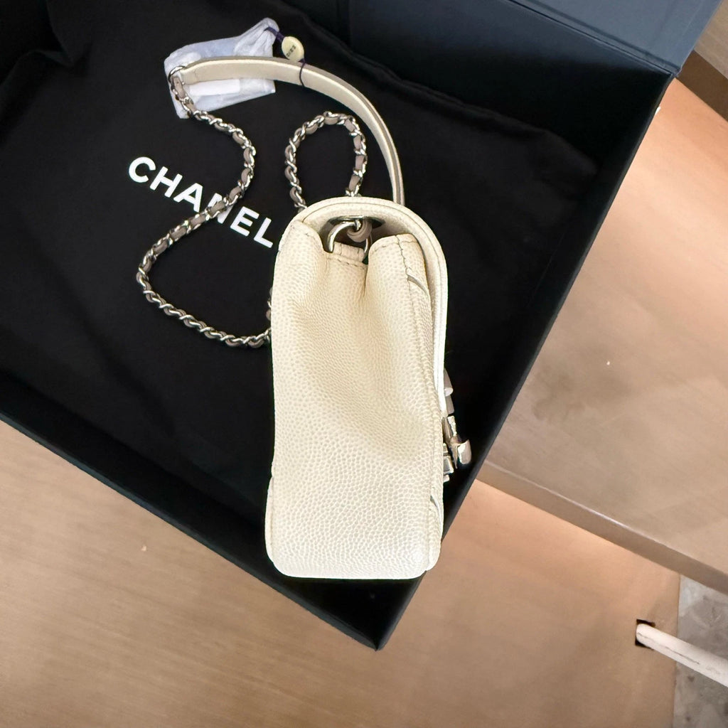 Chanel Calfskin White Shoulder Bag Crossbody Bag Silver Hardware Women