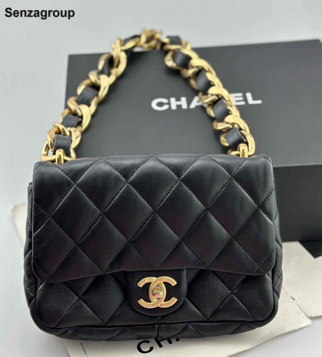 Chanel Classic Flap Chain Shoulder Bag Diamond Black Gold Women Fashion