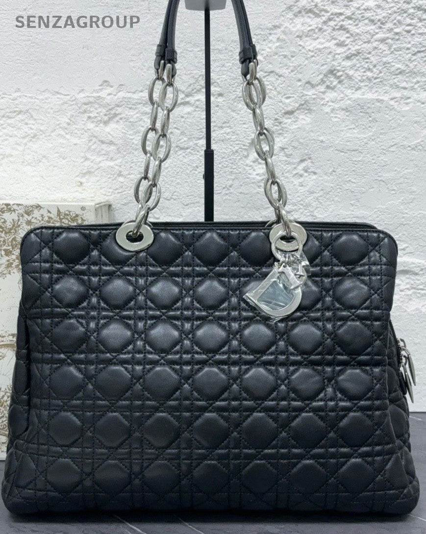 Dior Lady Lambskin Leather Chain Tote Shoulder Bag Black Silver Women Classic