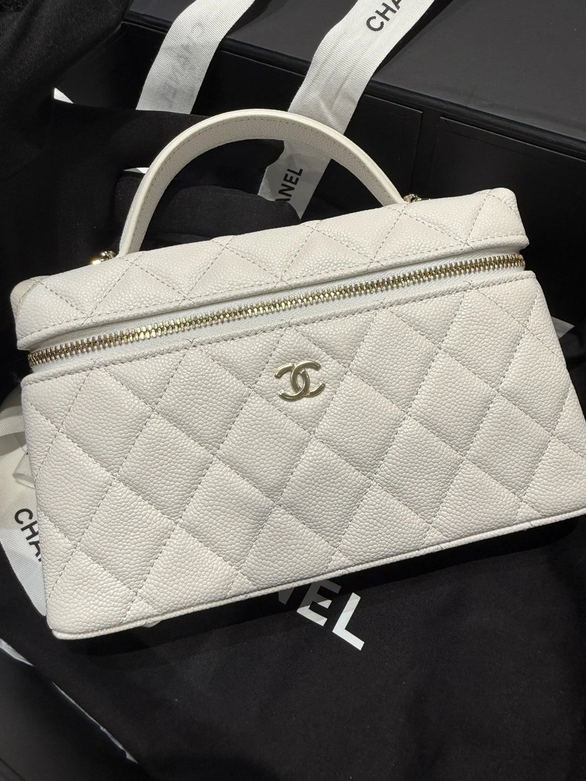CHANEL White Gold Top Handle Lunch Box Bag For Women