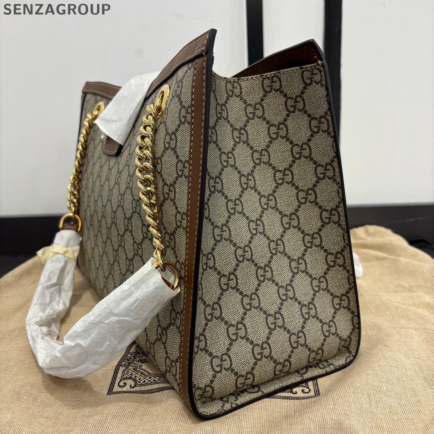 Gucci GG Padlock Shoulder Bag Brown Canvas Chain Strap Women