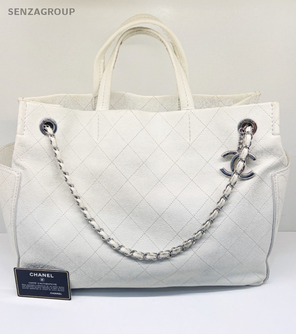 Chanel Diamond Pattern GM Chain Tote Bag Shoulder Bag White Silver Women Classic